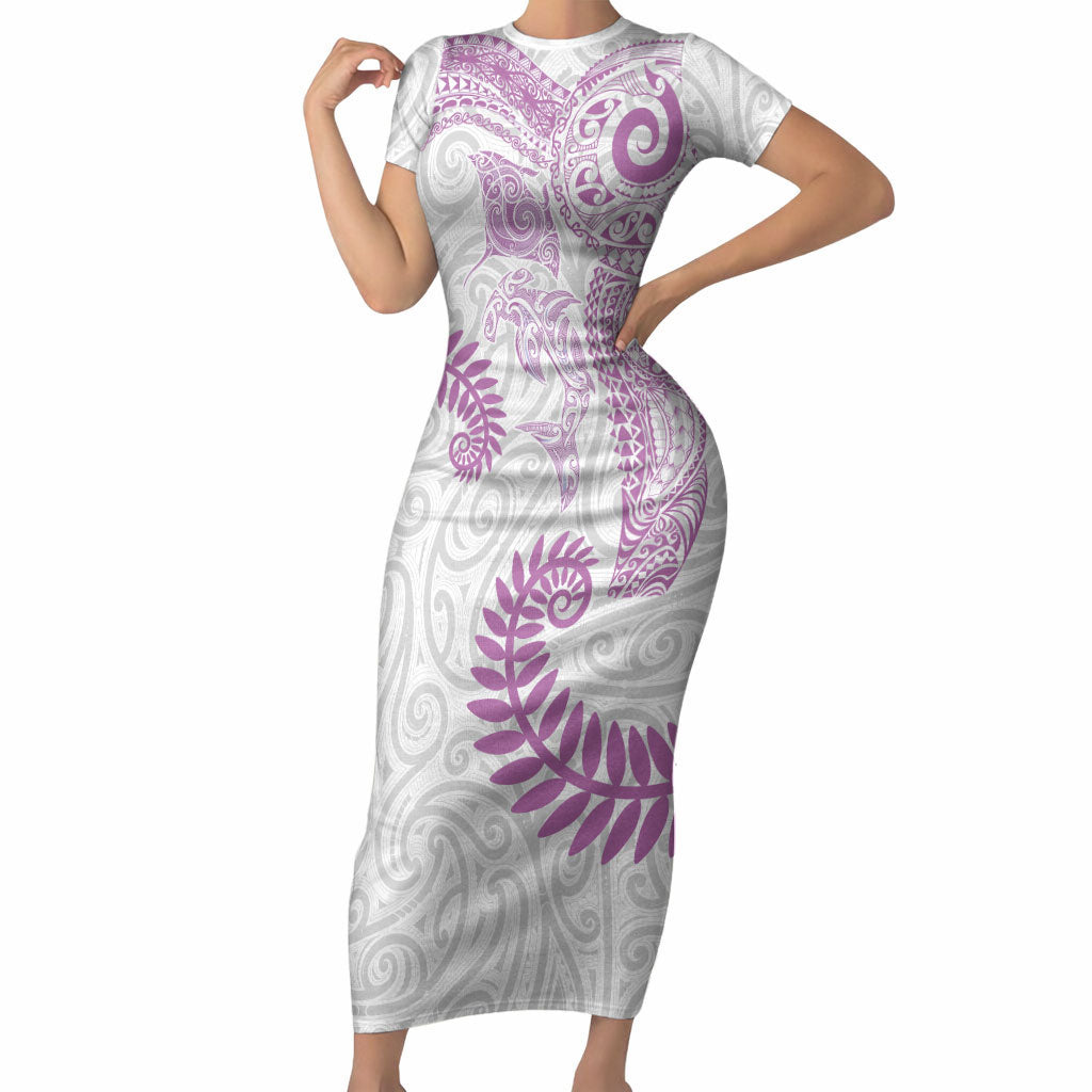 Aotearoa Maori Sea Animals Tribal Short Sleeve Bodycon Dress Manta Ray and Shark Moko Pattern Pink Color LT03 Long Dress Pink - Polynesian Pride