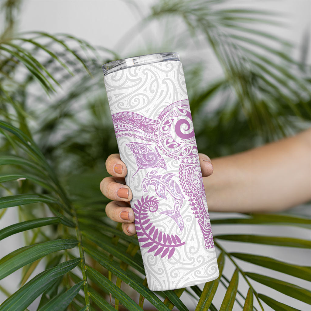 Aotearoa Maori Sea Animals Tribal Skinny Tumbler Manta Ray and Shark Moko Pattern Pink Color