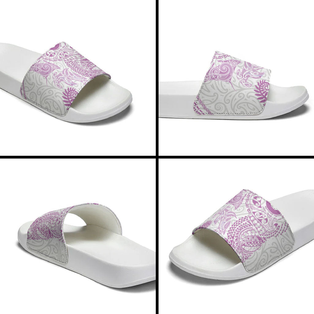 Aotearoa Maori Sea Animals Tribal Slide Sandals Manta Ray and Shark Moko Pattern Pink Color