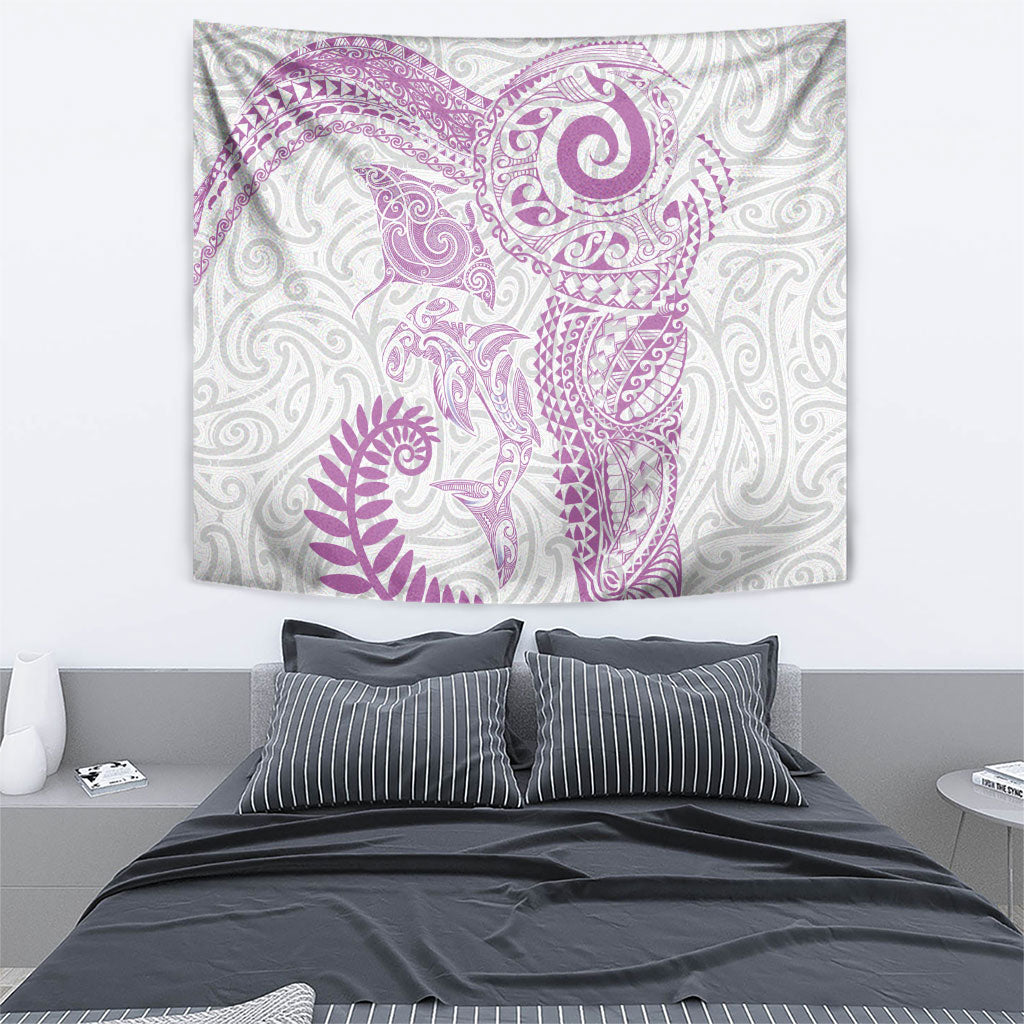 Aotearoa Maori Sea Animals Tribal Tapestry Manta Ray and Shark Moko Pattern Pink Color