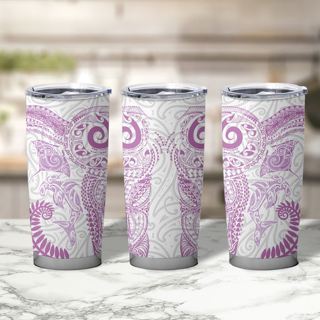 Aotearoa Maori Sea Animals Tribal Tumbler Cup Manta Ray and Shark Moko Pattern Pink Color