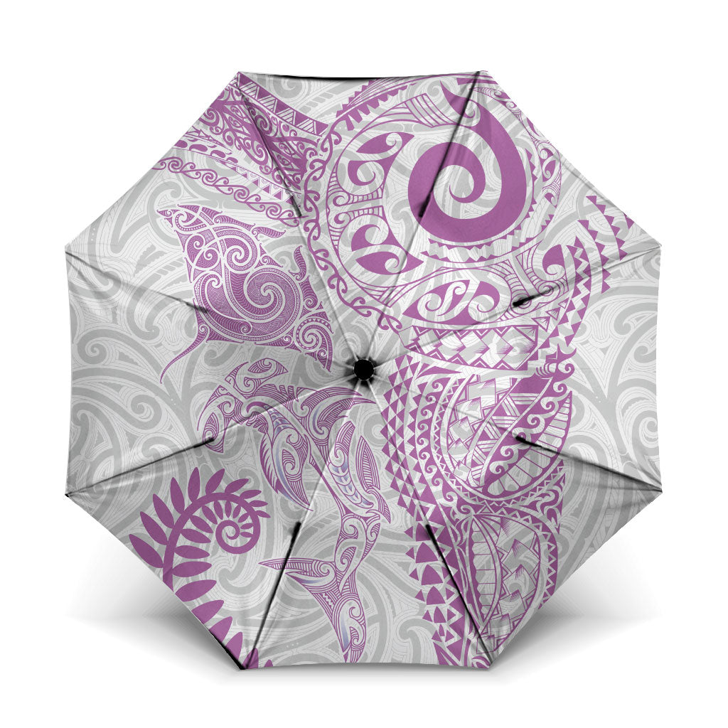 Aotearoa Maori Sea Animals Tribal Umbrella Manta Ray and Shark Moko Pattern Pink Color