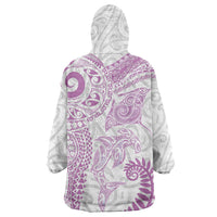 Aotearoa Maori Sea Animals Tribal Wearable Blanket Hoodie Manta Ray and Shark Moko Pattern Pink Color