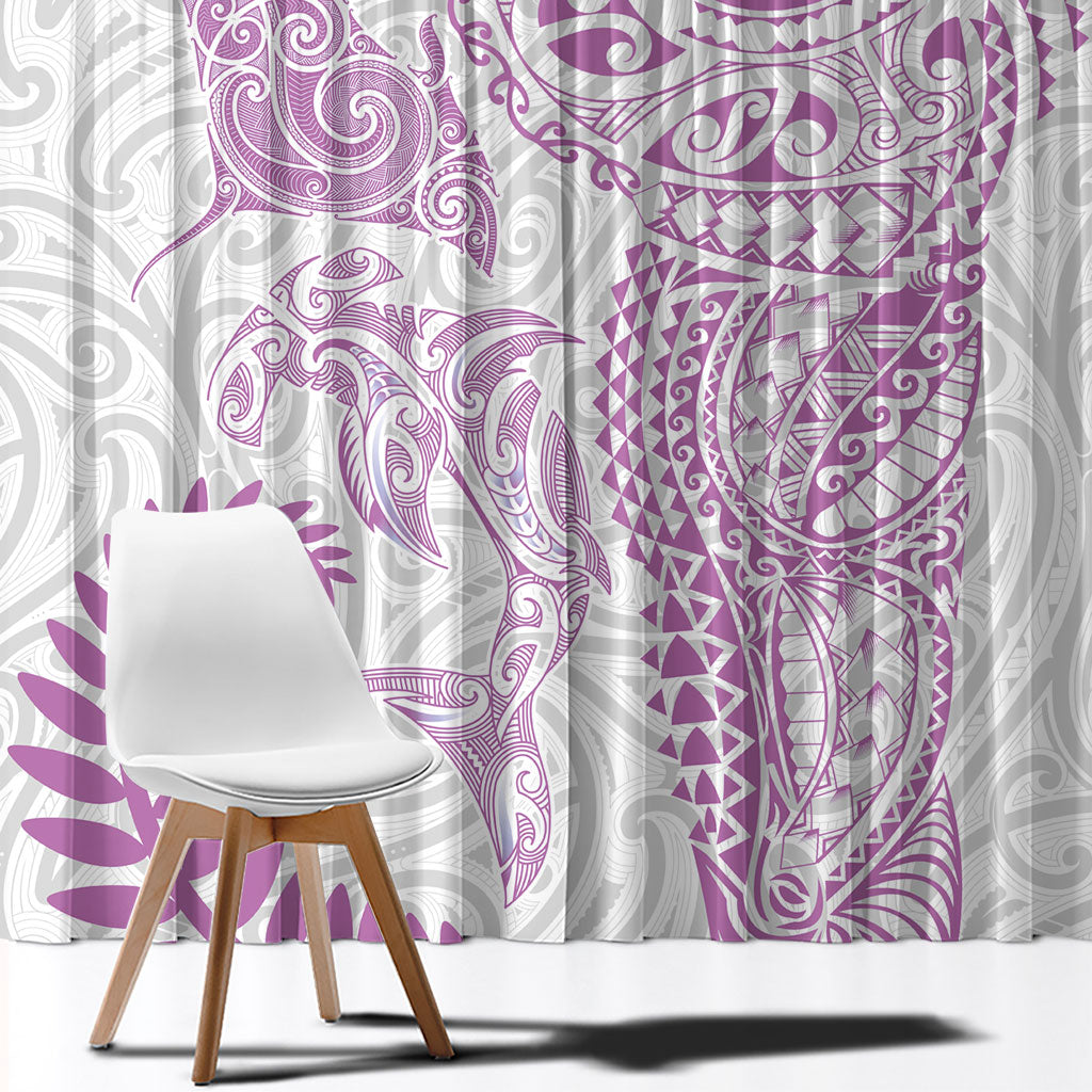 Aotearoa Maori Sea Animals Tribal Window Curtain Manta Ray and Shark Moko Pattern Pink Color