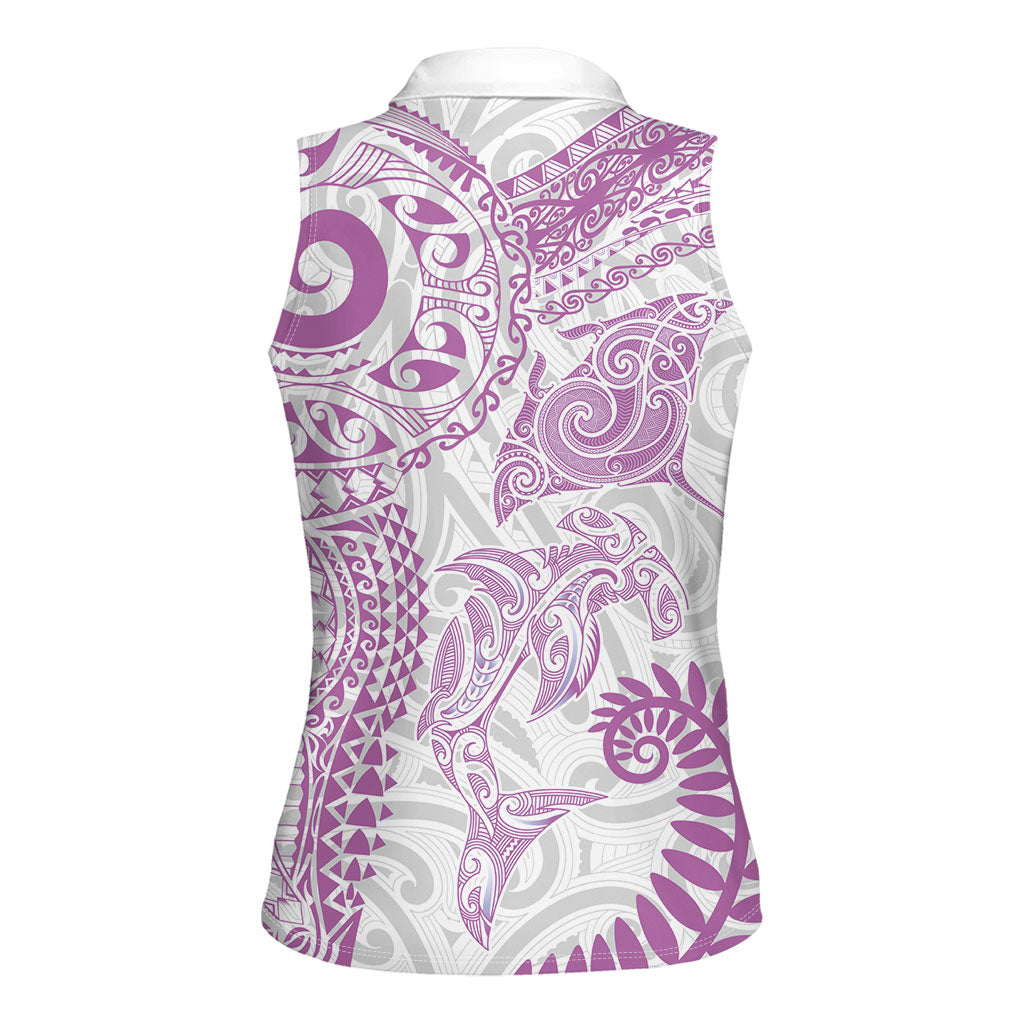 Aotearoa Maori Sea Animals Tribal Women Sleeveless Polo Shirt Manta Ray and Shark Moko Pattern Pink Color