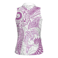 Aotearoa Maori Sea Animals Tribal Women Sleeveless Polo Shirt Manta Ray and Shark Moko Pattern Pink Color
