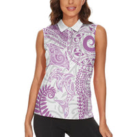 Aotearoa Maori Sea Animals Tribal Women Sleeveless Polo Shirt Manta Ray and Shark Moko Pattern Pink Color