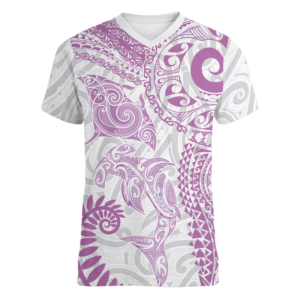 Aotearoa Maori Sea Animals Tribal Women V-Neck T-Shirt Manta Ray and Shark Moko Pattern Pink Color