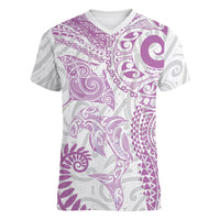 Aotearoa Maori Sea Animals Tribal Women V-Neck T-Shirt Manta Ray and Shark Moko Pattern Pink Color