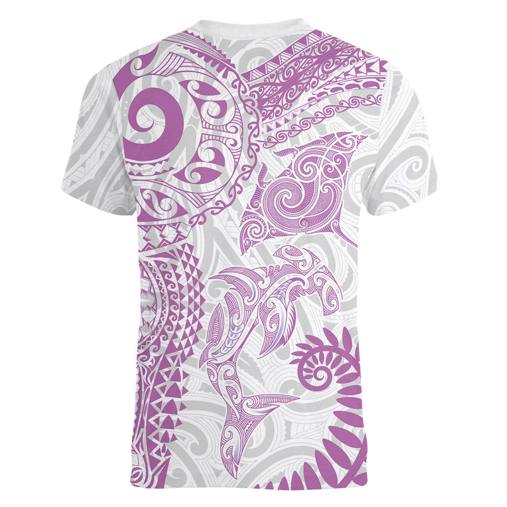 Aotearoa Maori Sea Animals Tribal Women V-Neck T-Shirt Manta Ray and Shark Moko Pattern Pink Color
