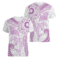 Aotearoa Maori Sea Animals Tribal Women V-Neck T-Shirt Manta Ray and Shark Moko Pattern Pink Color