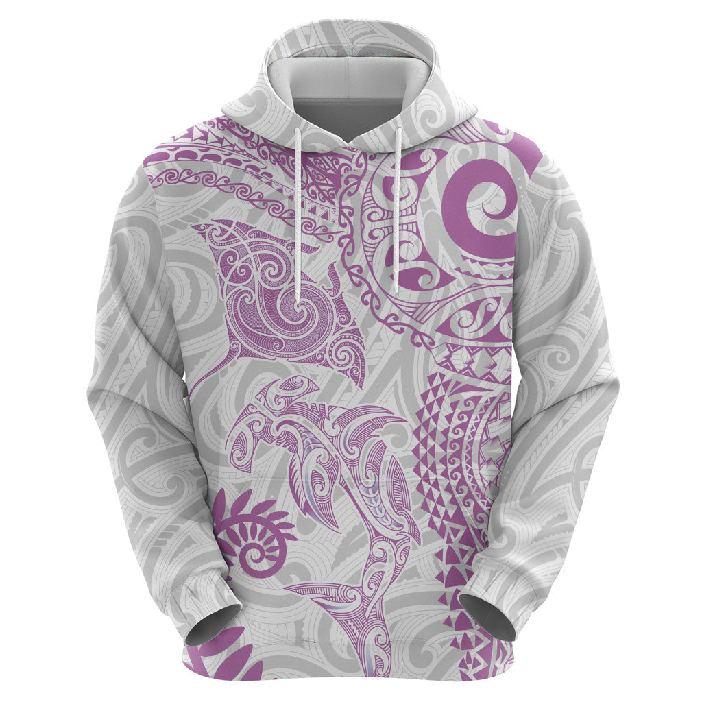 Aotearoa Maori Sea Animals Tribal Zip Hoodie Manta Ray and Shark Moko Pattern Pink Color