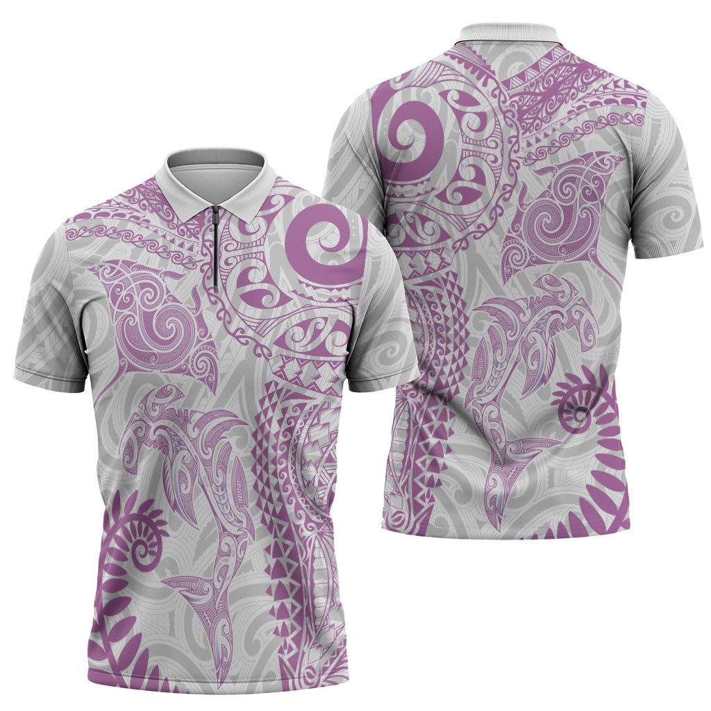 Aotearoa Maori Sea Animals Tribal Zipper Polo Shirt Manta Ray and Shark Moko Pattern Pink Color