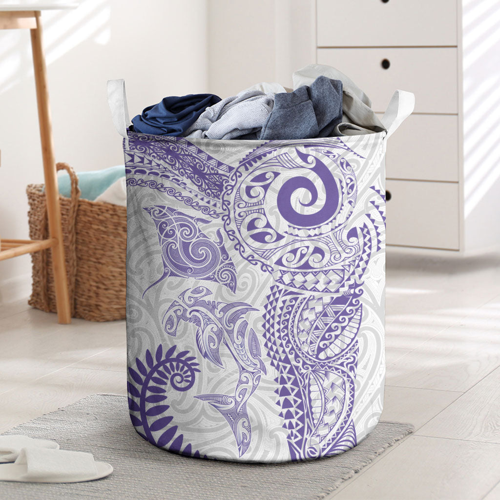 Aotearoa Maori Sea Animals Tribal Laundry Basket Manta Ray and Shark Moko Pattern Purple Color LT03 Purple - Polynesian Pride