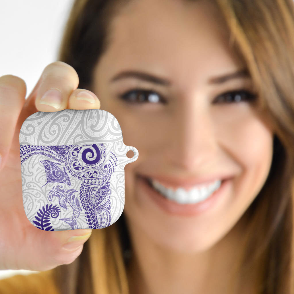 Aotearoa Maori Sea Animals Tribal AirPods Case Manta Ray and Shark Moko Pattern Purple Color