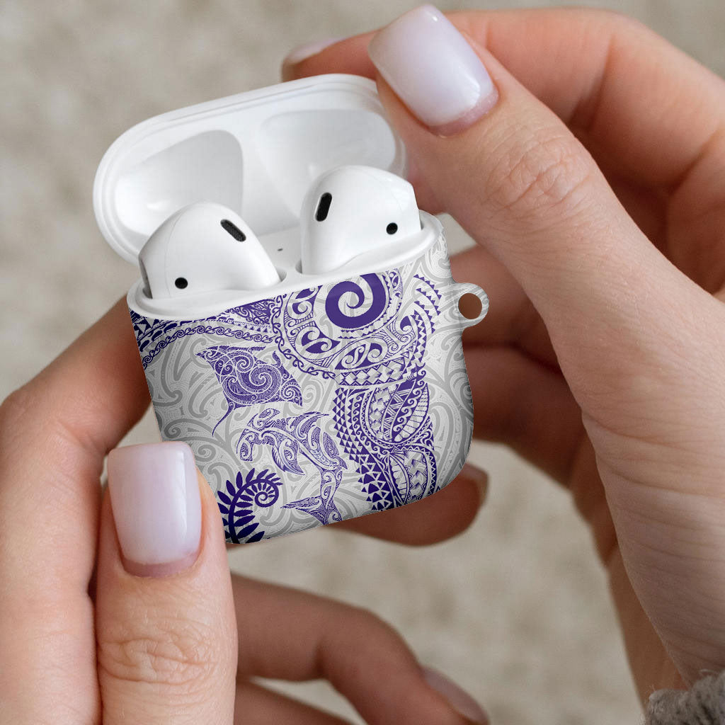 Aotearoa Maori Sea Animals Tribal AirPods Case Manta Ray and Shark Moko Pattern Purple Color