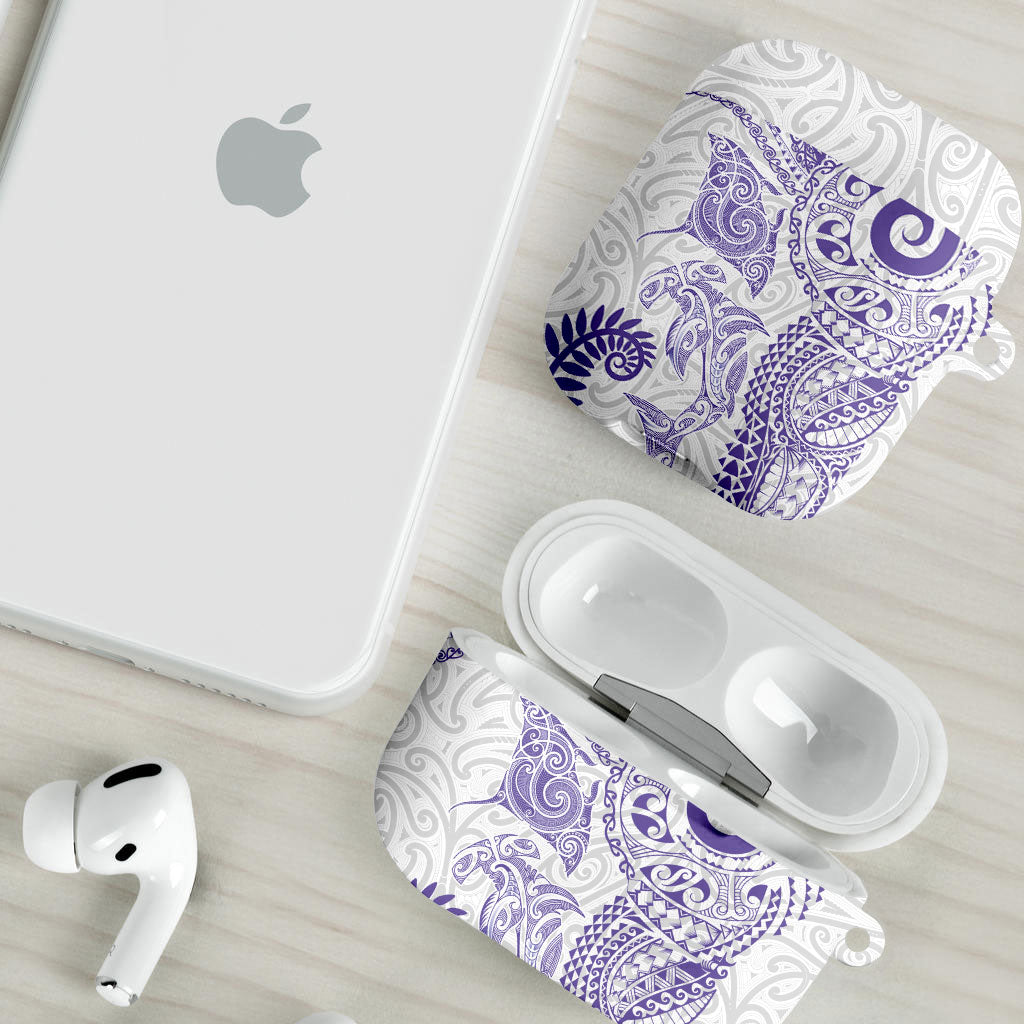 Aotearoa Maori Sea Animals Tribal AirPods Case Manta Ray and Shark Moko Pattern Purple Color