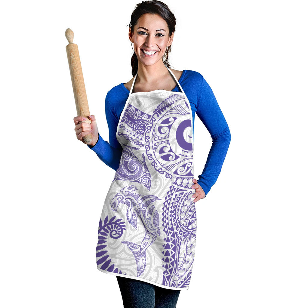 Aotearoa Maori Sea Animals Tribal Apron Manta Ray and Shark Moko Pattern Purple Color