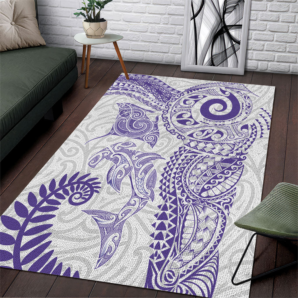 Aotearoa Maori Sea Animals Tribal Area Rug Manta Ray and Shark Moko Pattern Purple Color