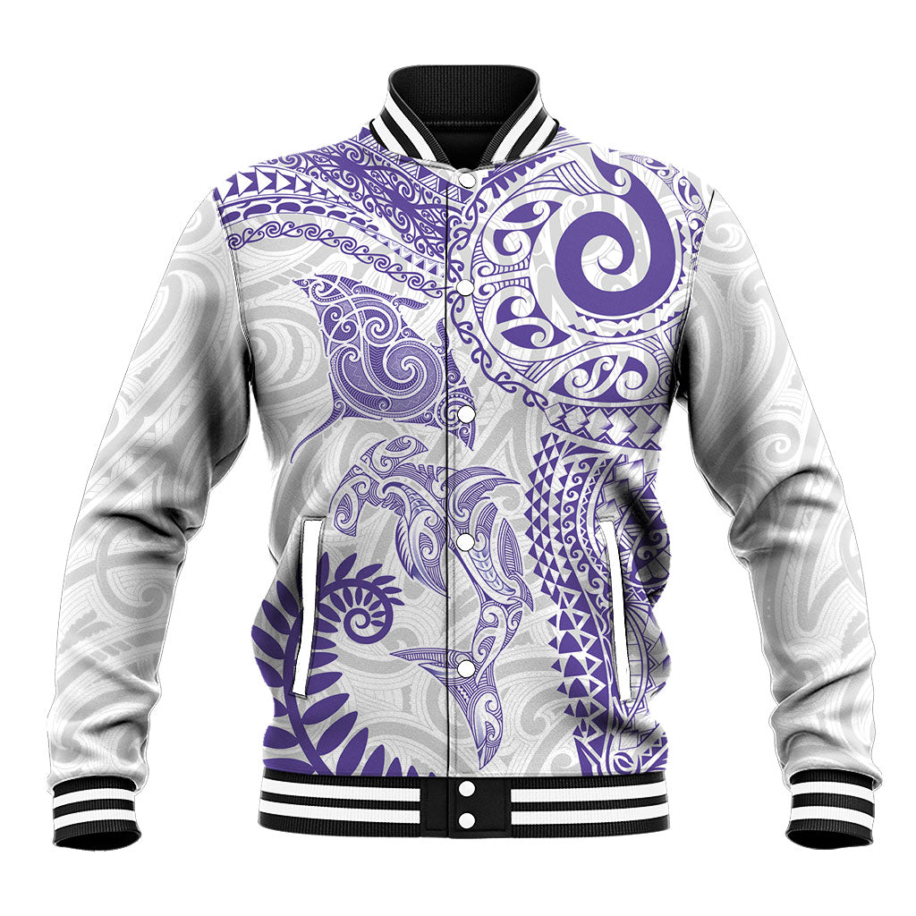 Aotearoa Maori Sea Animals Tribal Baseball Jacket Manta Ray and Shark Moko Pattern Purple Color LT03 Unisex Purple - Polynesian Pride