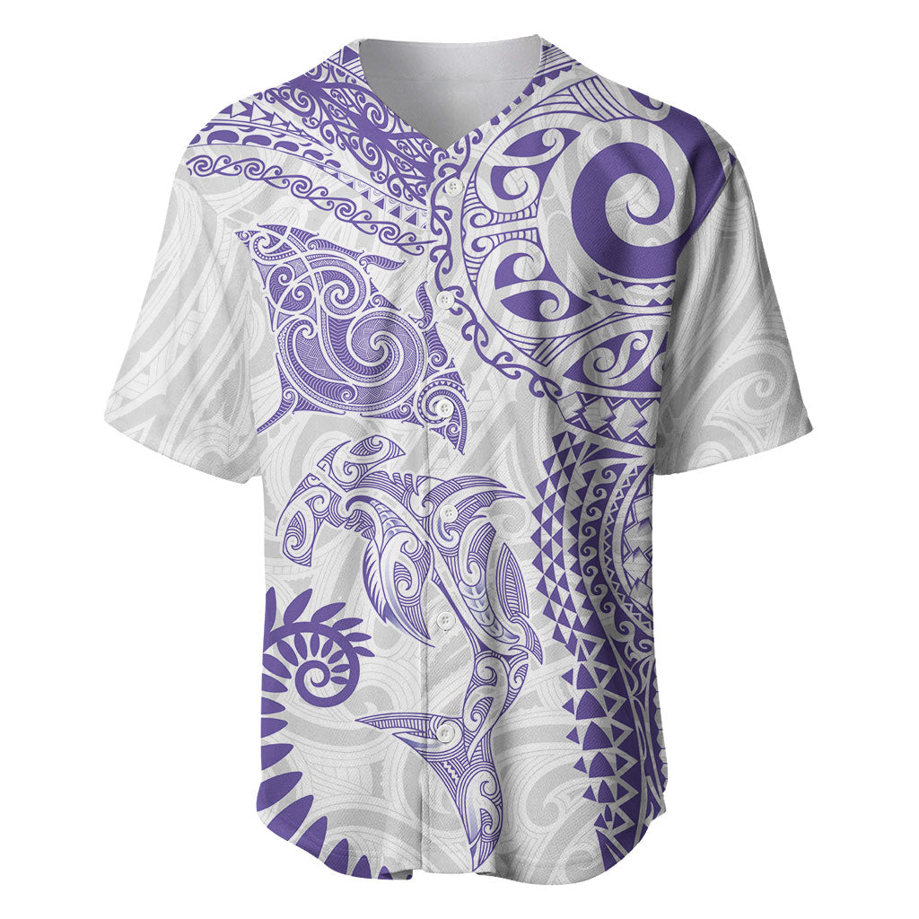 Aotearoa Maori Sea Animals Tribal Baseball Jersey Manta Ray and Shark Moko Pattern Purple Color