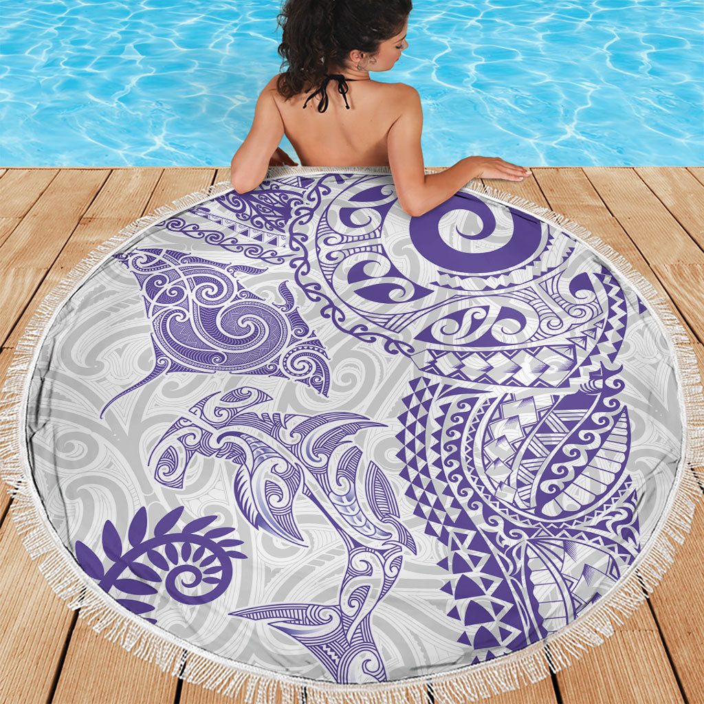 Aotearoa Maori Sea Animals Tribal Beach Blanket Manta Ray and Shark Moko Pattern Purple Color