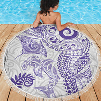 Aotearoa Maori Sea Animals Tribal Beach Blanket Manta Ray and Shark Moko Pattern Purple Color