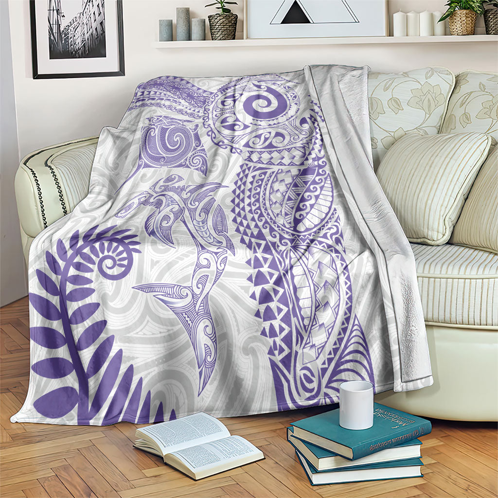 Aotearoa Maori Sea Animals Tribal Blanket Manta Ray and Shark Moko Pattern Purple Color