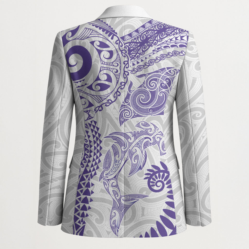 Aotearoa Maori Sea Animals Tribal Blazer Manta Ray and Shark Moko Pattern Purple Color