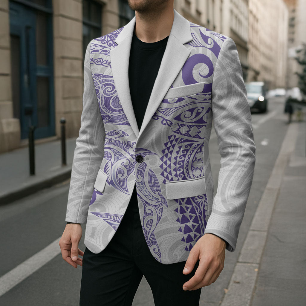 Aotearoa Maori Sea Animals Tribal Blazer Manta Ray and Shark Moko Pattern Purple Color