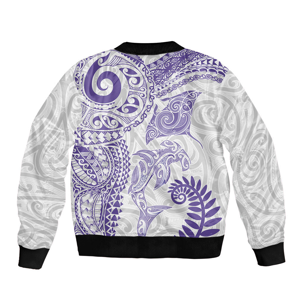 Aotearoa Maori Sea Animals Tribal Bomber Jacket Manta Ray and Shark Moko Pattern Purple Color