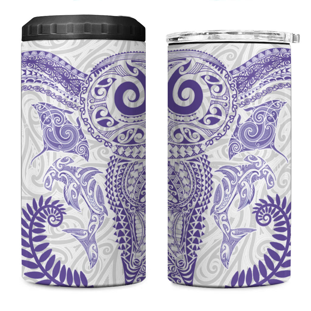 Aotearoa Maori Sea Animals Tribal 4 in 1 Can Cooler Tumbler Manta Ray and Shark Moko Pattern Purple Color