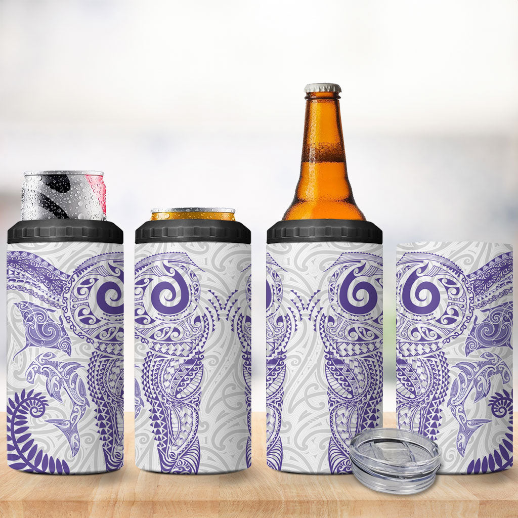 Aotearoa Maori Sea Animals Tribal 4 in 1 Can Cooler Tumbler Manta Ray and Shark Moko Pattern Purple Color