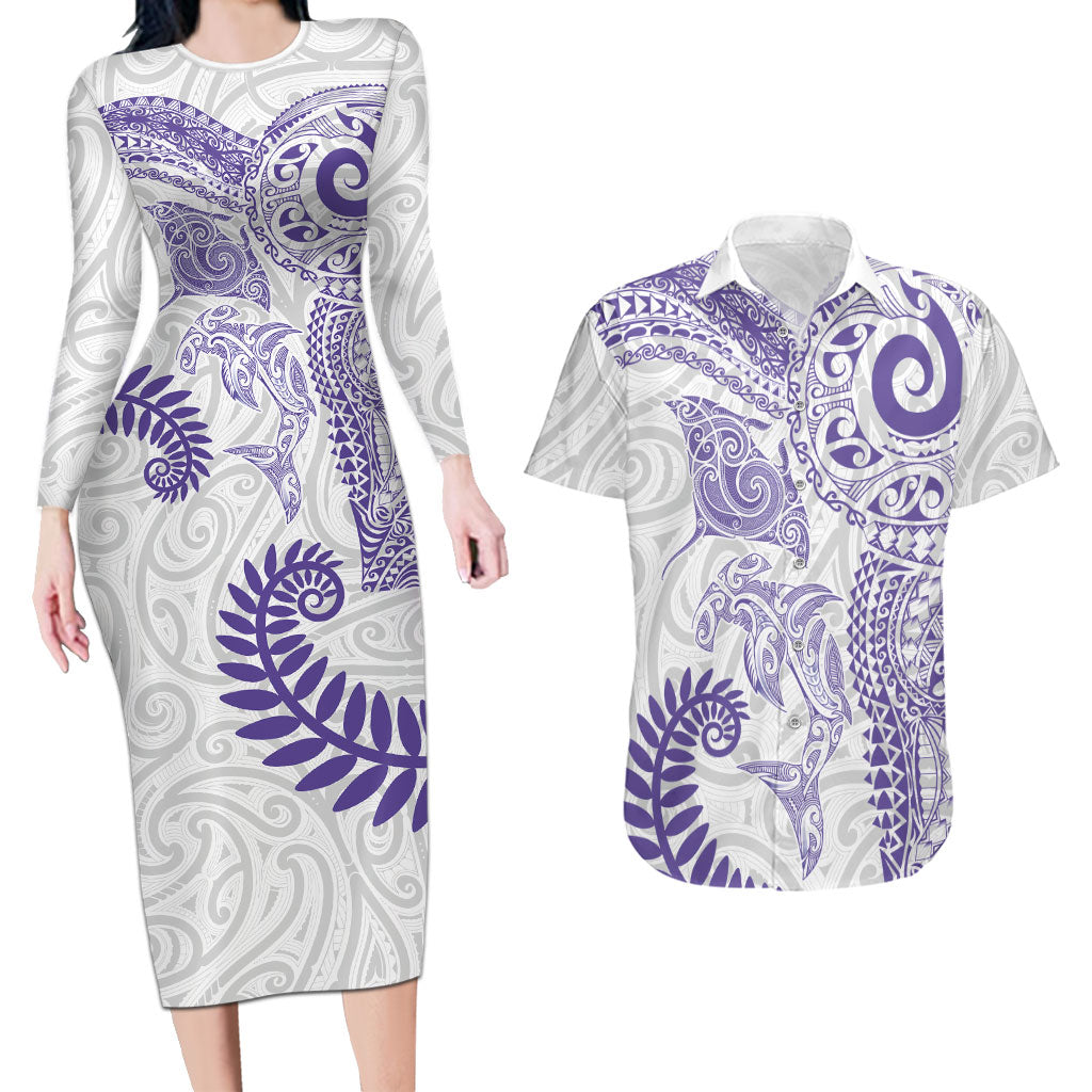 Aotearoa Maori Sea Animals Tribal Couples Matching Long Sleeve Bodycon Dress and Hawaiian Shirt Manta Ray and Shark Moko Pattern Purple Color