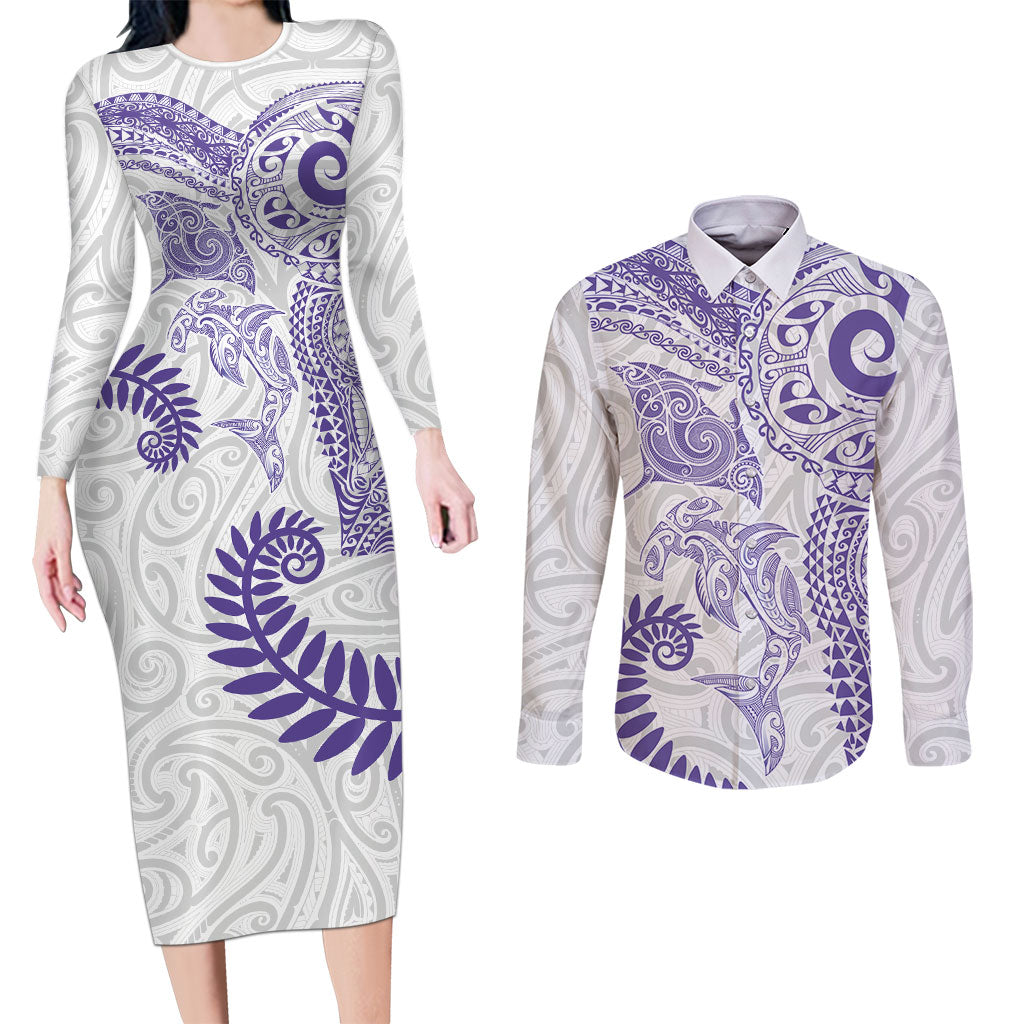 Aotearoa Maori Sea Animals Tribal Couples Matching Long Sleeve Bodycon Dress and Long Sleeve Button Shirt Manta Ray and Shark Moko Pattern Purple Color
