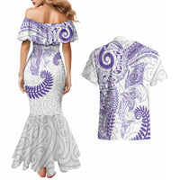 Aotearoa Maori Sea Animals Tribal Couples Matching Mermaid Dress and Hawaiian Shirt Manta Ray and Shark Moko Pattern Purple Color