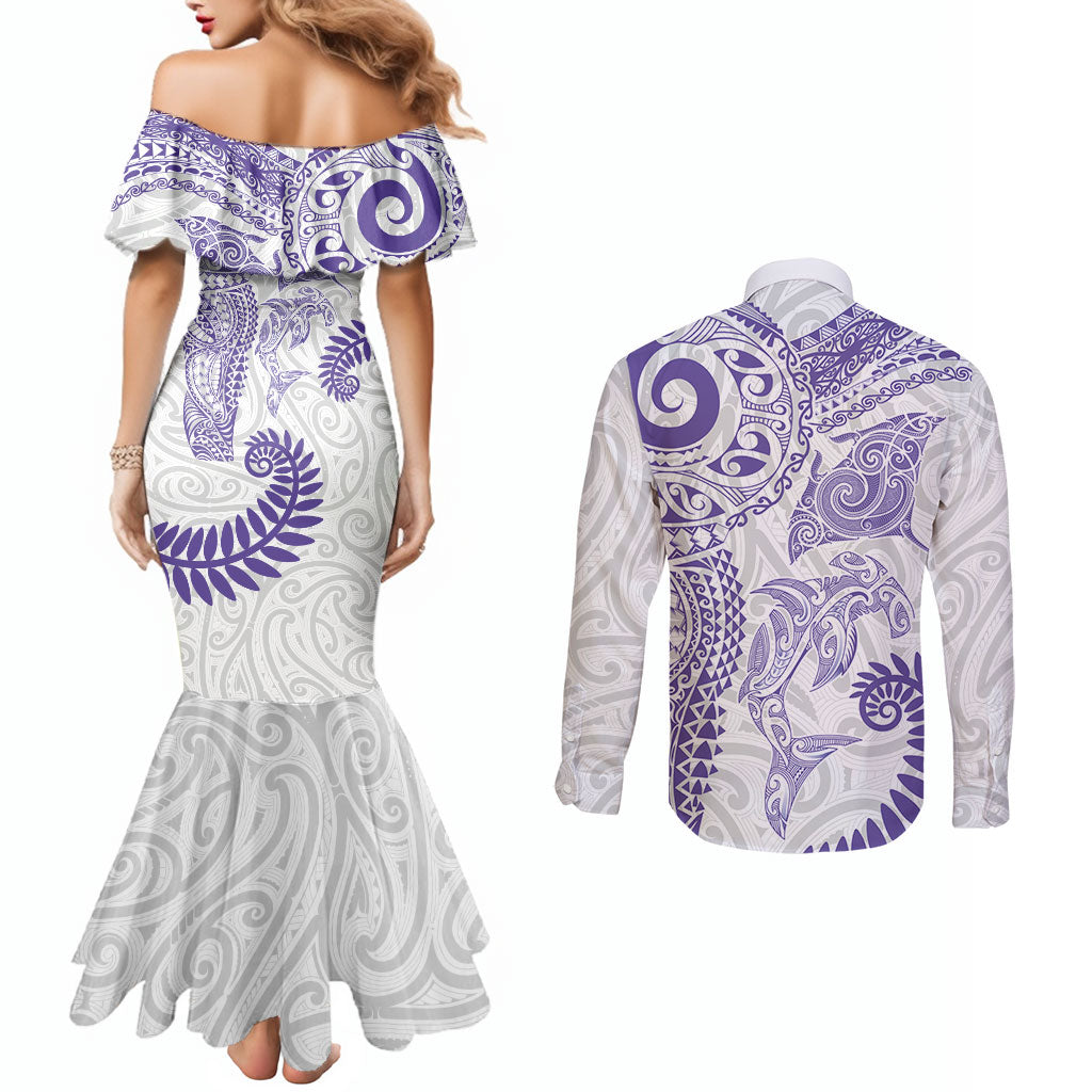 Aotearoa Maori Sea Animals Tribal Couples Matching Mermaid Dress and Long Sleeve Button Shirt Manta Ray and Shark Moko Pattern Purple Color