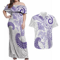Aotearoa Maori Sea Animals Tribal Couples Matching Off Shoulder Maxi Dress and Hawaiian Shirt Manta Ray and Shark Moko Pattern Purple Color