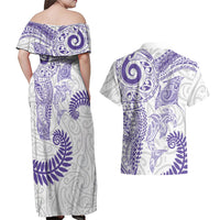 Aotearoa Maori Sea Animals Tribal Couples Matching Off Shoulder Maxi Dress and Hawaiian Shirt Manta Ray and Shark Moko Pattern Purple Color