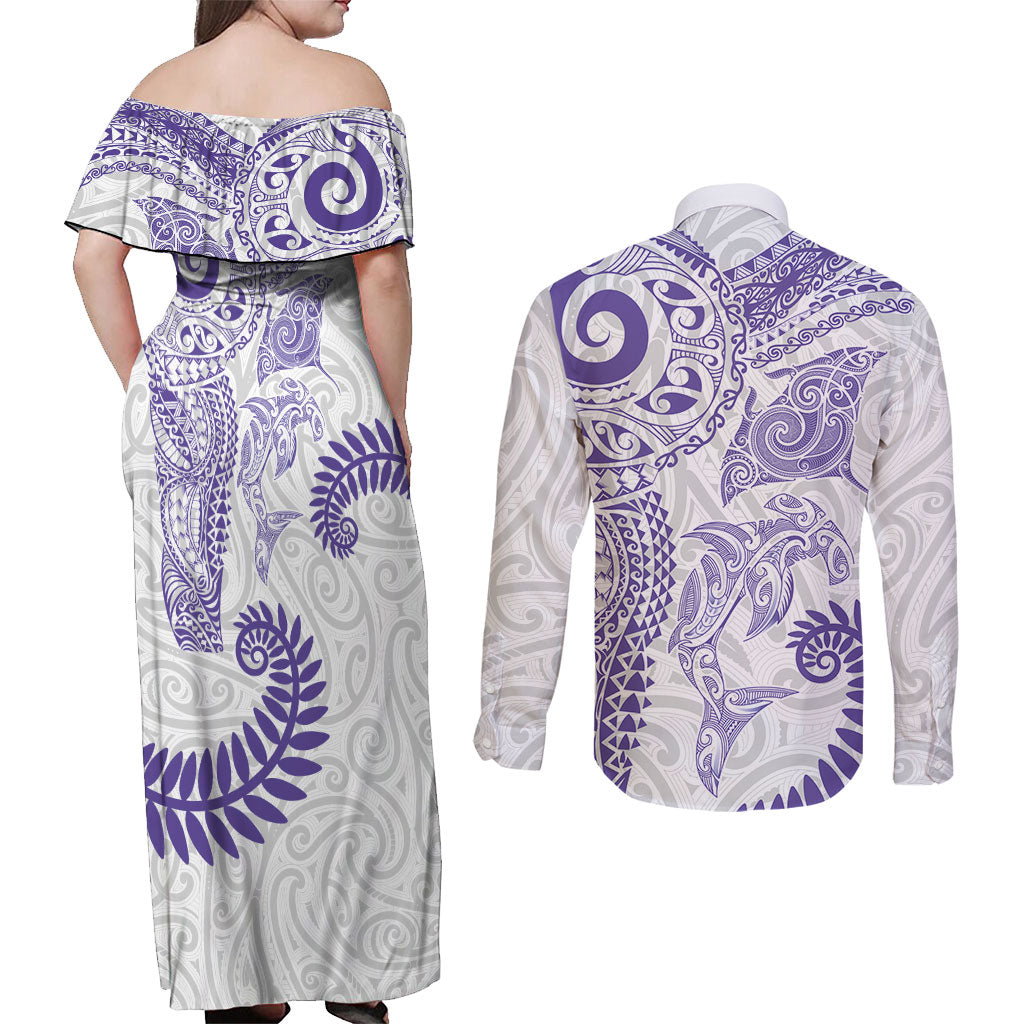 Aotearoa Maori Sea Animals Tribal Couples Matching Off Shoulder Maxi Dress and Long Sleeve Button Shirt Manta Ray and Shark Moko Pattern Purple Color