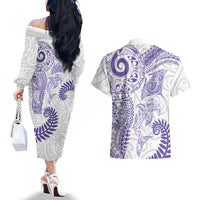 Aotearoa Maori Sea Animals Tribal Couples Matching Off The Shoulder Long Sleeve Dress and Hawaiian Shirt Manta Ray and Shark Moko Pattern Purple Color