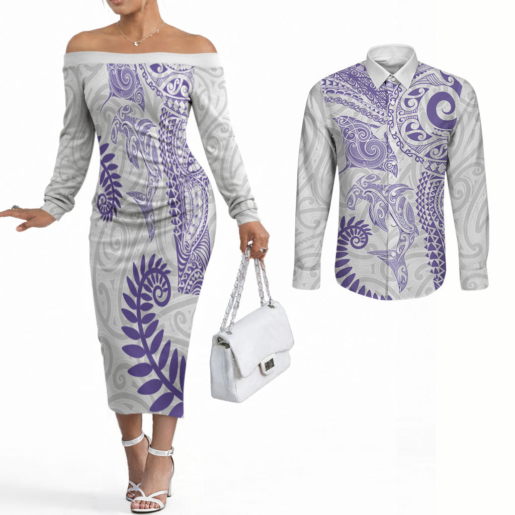 Aotearoa Maori Sea Animals Tribal Couples Matching Off The Shoulder Long Sleeve Dress and Long Sleeve Button Shirt Manta Ray and Shark Moko Pattern Purple Color LT03 Purple - Polynesian Pride