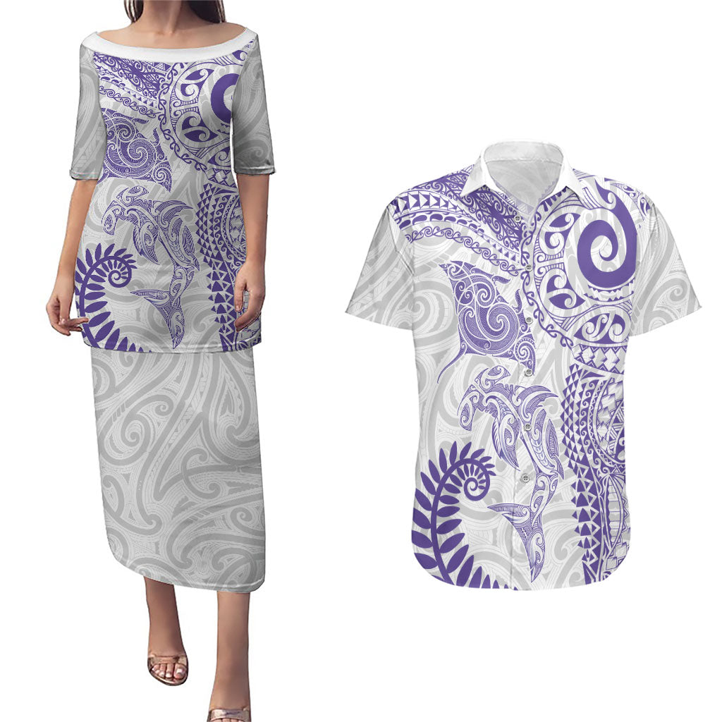 Aotearoa Maori Sea Animals Tribal Couples Matching Puletasi and Hawaiian Shirt Manta Ray and Shark Moko Pattern Purple Color