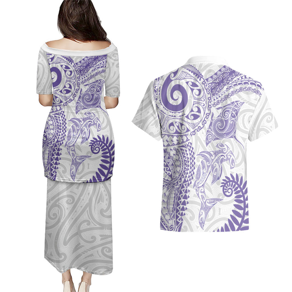 Aotearoa Maori Sea Animals Tribal Couples Matching Puletasi and Hawaiian Shirt Manta Ray and Shark Moko Pattern Purple Color