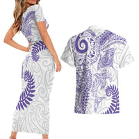 Aotearoa Maori Sea Animals Tribal Couples Matching Short Sleeve Bodycon Dress and Hawaiian Shirt Manta Ray and Shark Moko Pattern Purple Color