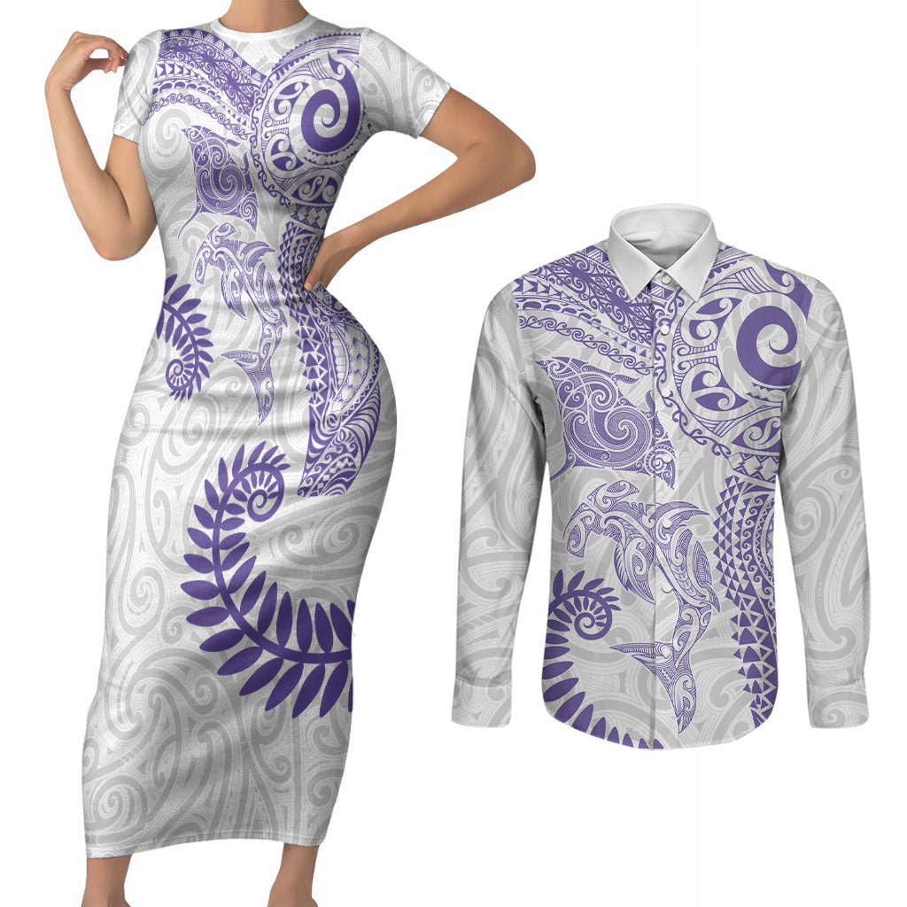 Aotearoa Maori Sea Animals Tribal Couples Matching Short Sleeve Bodycon Dress and Long Sleeve Button Shirt Manta Ray and Shark Moko Pattern Purple Color LT03 Purple - Polynesian Pride