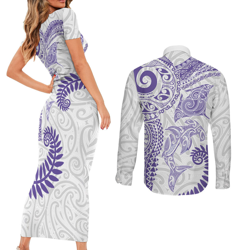 Aotearoa Maori Sea Animals Tribal Couples Matching Short Sleeve Bodycon Dress and Long Sleeve Button Shirt Manta Ray and Shark Moko Pattern Purple Color