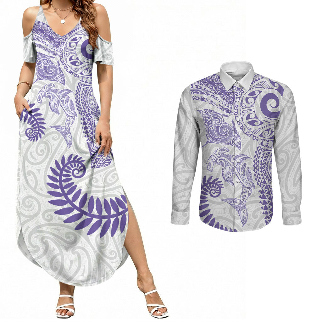 Aotearoa Maori Sea Animals Tribal Couples Matching Summer Maxi Dress and Long Sleeve Button Shirt Manta Ray and Shark Moko Pattern Purple Color LT03 Purple - Polynesian Pride