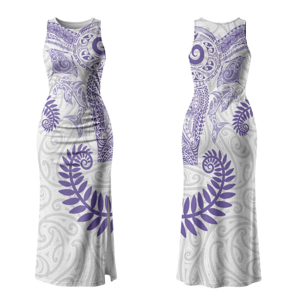 Aotearoa Maori Sea Animals Tribal Couples Matching Tank Maxi Dress and Hawaiian Shirt Manta Ray and Shark Moko Pattern Purple Color LT03 - Polynesian Pride