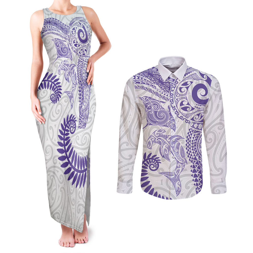 Aotearoa Maori Sea Animals Tribal Couples Matching Tank Maxi Dress and Long Sleeve Button Shirt Manta Ray and Shark Moko Pattern Purple Color
